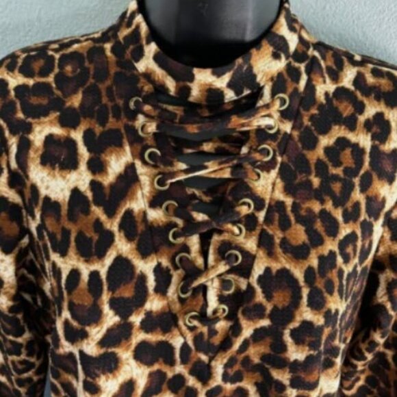 New York & Company Leopard Print Lace Front Dress Womens Size Medium 3/4 Sleeve - Picture 2 of 9